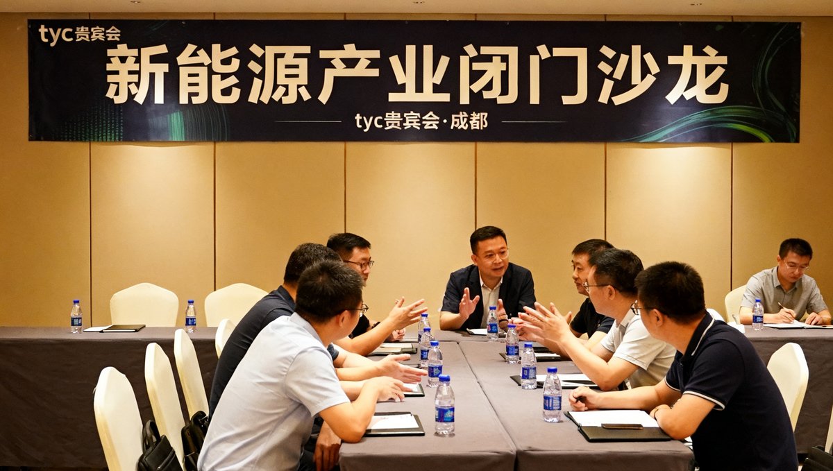 tyc贵宾会在成都举办的新能源产业闭门沙龙现场，参会者正围坐在长桌旁进行深度讨论